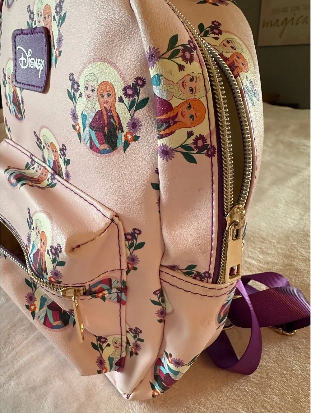 Disney Frozen Elsa and Anna Flowers Mini Faux Leather Backpack Pink
